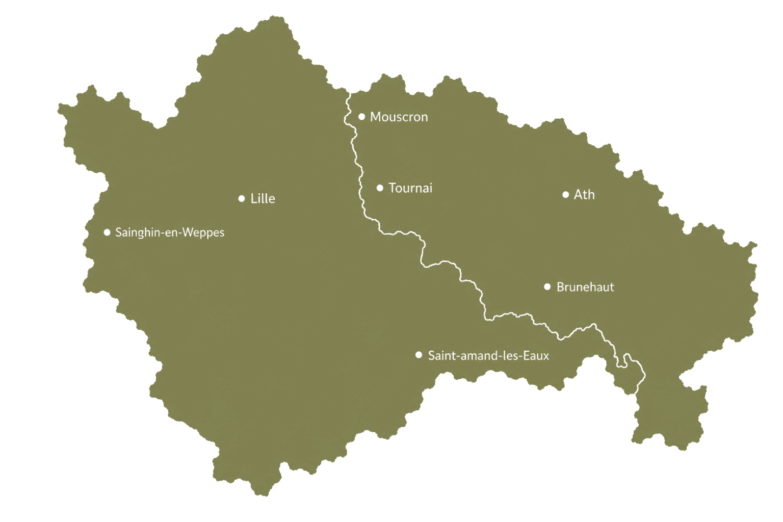 Carte de la zone d'intervention des Bio Carreaux en Wallonie picarde et dans les Hauts-de-France.