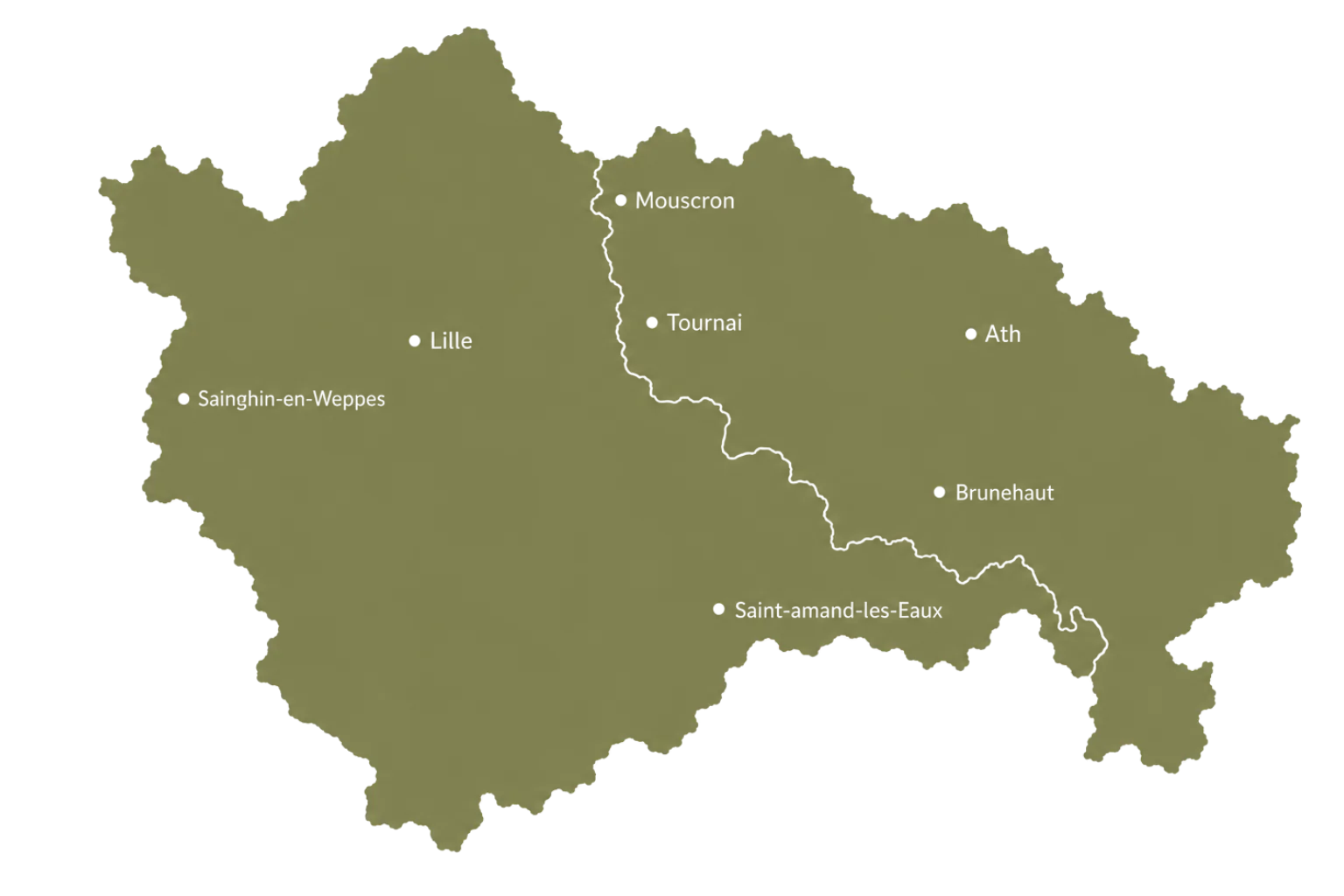 Carte de la zone d'intervention des Bio Carreaux en Wallonie picarde et dans les Hauts-de-France.